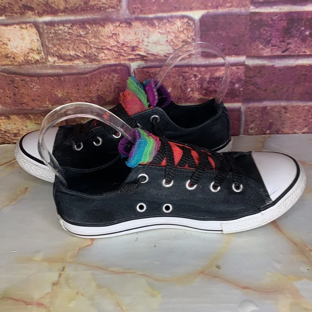 Converse All Star Black Low Top Rainbow Tulle Lace Up Canvas Sneakers